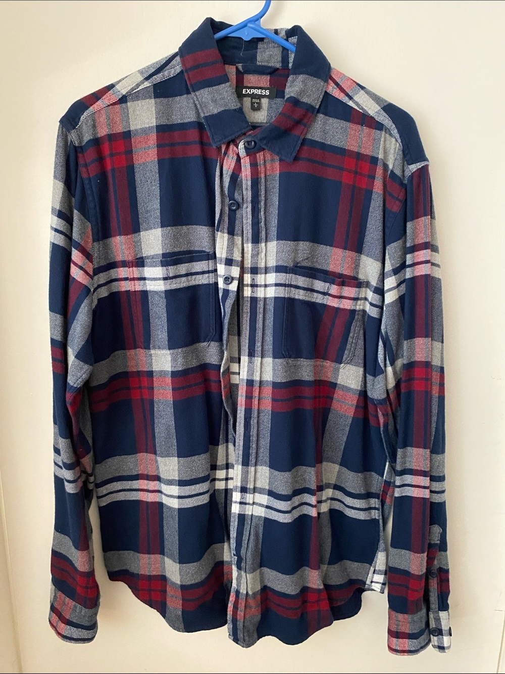 Express Navy Red and White Plaid Button-Up Shirt